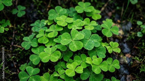Close-up lush green clover leaves on dark background, fresh botanical pattern with vibrant spring color and crisp natural detail, realistic finish, no logos
