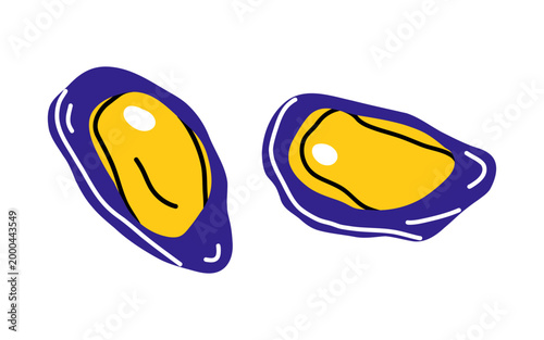 Vector pair of dark blue mussel shell with bright yellow meat. Trendy seafood illustration for menu, packaging and ocean themed design. Marine seashell clipart. Ocean food.