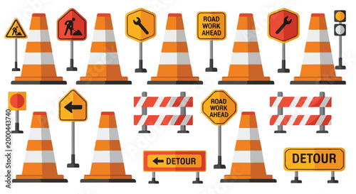 Collection of various road construction signs and traffic cones on a white background for engineering projects.