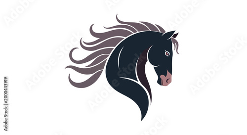Illustration of a black horse head with flowing mane on white background