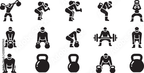Kettlebell and Weightlifting Strength Training Exercise Icon Set