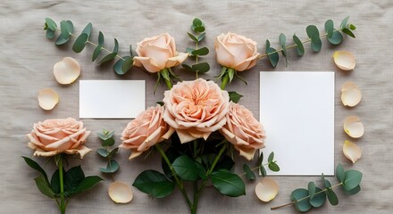Beautiful arrangement of peach roses, eucalyptus leaves, and petal accents around blank cards, perfect for invitations or greeting cards, creating a soft, romantic aesthetic