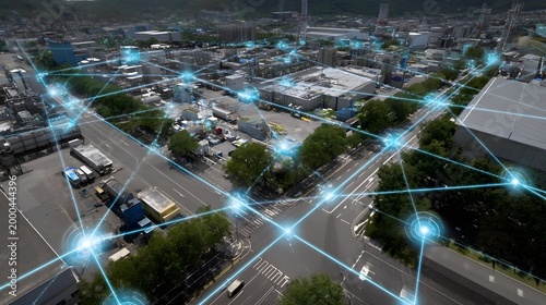 An overhead visualization depicting complex digital networking and data flow across a massive industrial and commercial development hub