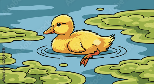 A single yellow duckling swims peacefully in a blue pond with green lily pads