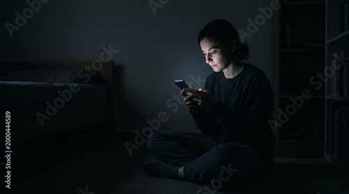 Nighttime Digital Immersion: A person, immersed in the digital world, gazes intently at a smartphone screen, illuminated by its glow in a dim interior. 