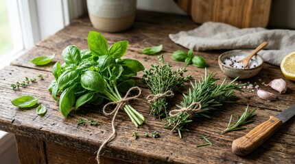 Fresh herbs including basil, thyme and rosemary on a rustic wooden surface, culinary inspiration concept, vivid green textures, natural soft light, realistic food photography, no logos