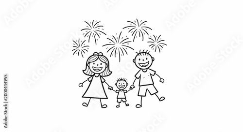A simple line drawing of a family celebrating with fireworks