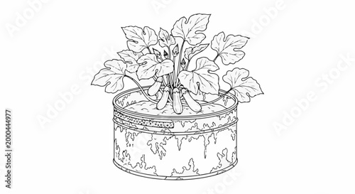 A sketch of a healthy zucchini plant growing in a decorative pot