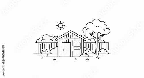 A simple line drawing depicts a garden shed with a door, window, and a tree nearby under a sunny sky
