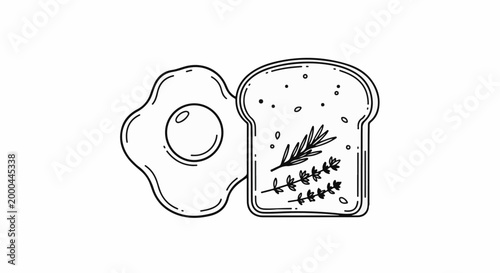 A simple line drawing of a fried egg and toast with herbs