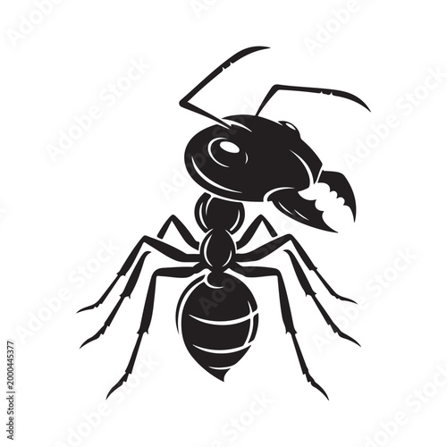 Stylized black ant mascot vector illustration with mandibles isolated on white background