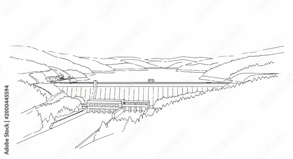 Fototapeta premium A striking black and white sketch of a large dam holding back a vast body of water
