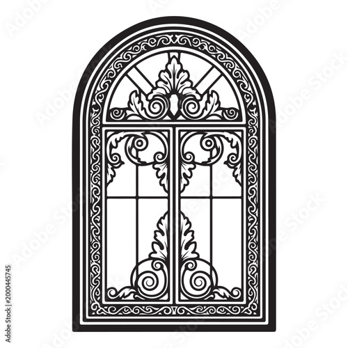 Ornate arched window frame with decorative scrollwork and acanthus leaf motifs vector illustration isolated on white background