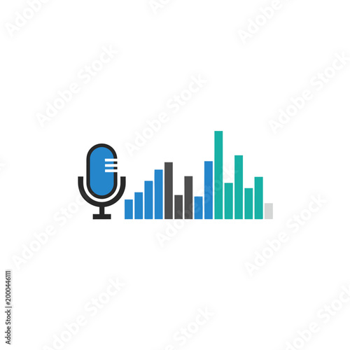 Microphone and audio equalizer bars, concept of sound recording, podcasting, music production.