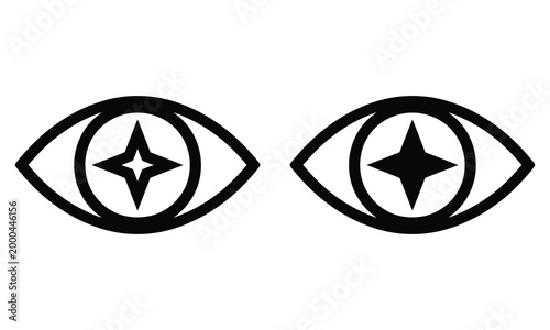Black stylized eyes with star pupils looking forward
