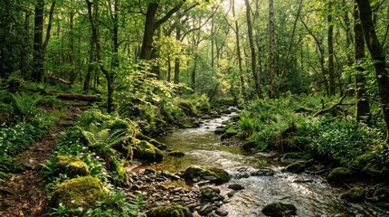 Sunlight filtering through dense forest by flowing stream, tranquil woodland scene, lush greenery and peaceful nature atmosphere, realistic detail, no logos