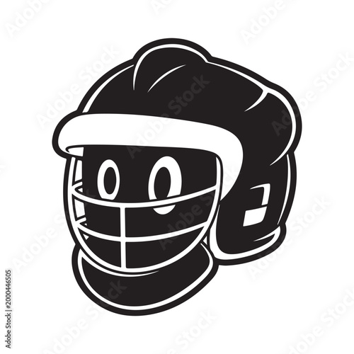 Black and white vector illustration of a sports catcher helmet with face cage isolated on white background