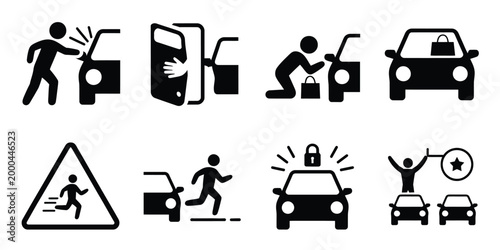 Car break in icon, theft prevention security symbols, vehicle protection measures, anti theft warning concept, automotive safety vector illustration