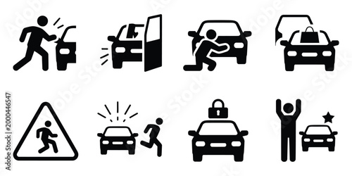 Car break in icon, theft prevention graphics, vehicle security symbols, anti theft protection concept, automotive safety vector illustration