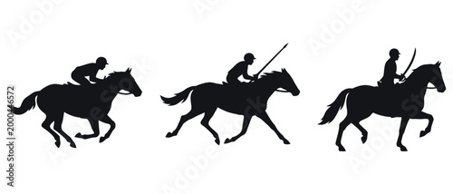 Dynamic silhouettes of jockeys riding powerful racehorses at high speed, depicting competitive equestrian sports and thrilling track action.