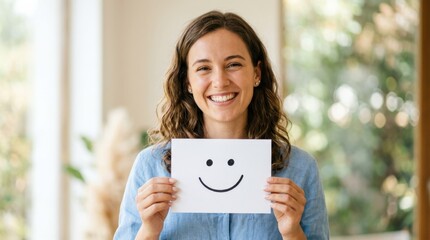 Smiling woman holding white card with happy face drawing, positivity mental wellness and customer satisfaction concept in bright portrait scene, clean background, realistic detail, no logos