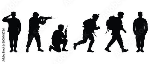 Collection of soldier silhouettes demonstrating different military actions and stances, including saluting.