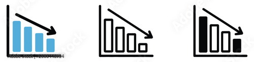 Reduction chart icon vector illustration in flat style, showing declining trend graph with downward arrow, representing cost reduction, expense control, or performance decrease, suitable for finance