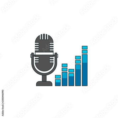 Retro microphone and audio equalizer bars, podcasting, music production, sound recording concept