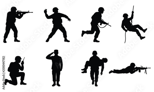 Vector set of soldier silhouettes in dynamic poses, including combat and rescue scenarios.