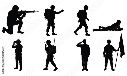 Diverse soldier silhouettes demonstrating actions like aiming, communicating, and carrying a flag.