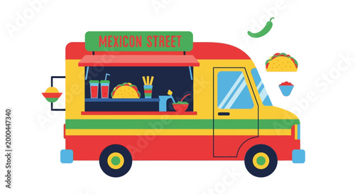 A festive illustration depicts a colorful Mexican street food truck adorned with Cinco de Mayo celebration elements, set against a clean white background creating a vibrant and inviting