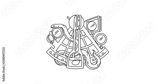 Intricate Black and White Illustration of a Sextant Instrument.
