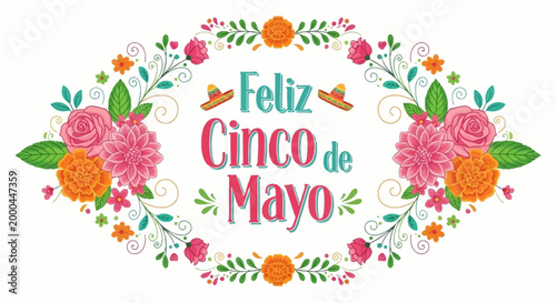 Floral Cinco de Mayo illustration with the text "Feliz Cinco de Mayo" set in a decorative oval frame, showcasing vibrant pink and orange flowers against a clean white background