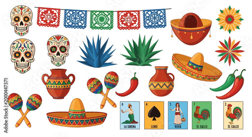 Colorful vector illustration showcasing traditional elements for a Cinco de Mayo Mexican celebration, including sombreros, maracas, skulls, chili peppers, agave plants, and papel picado