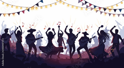 A lively Cinco de Mayo Mexican celebration is depicted with a silhouette of people dancing and playing music in a festive, colorful atmosphere, enhanced by string lights and a triangular
