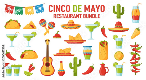 A vibrant, flat lay illustration features a Cinco de Mayo Mexican celebration restaurant bundle with tacos, sombreros, and maracas alongside margaritas, nachos, and chili peppers