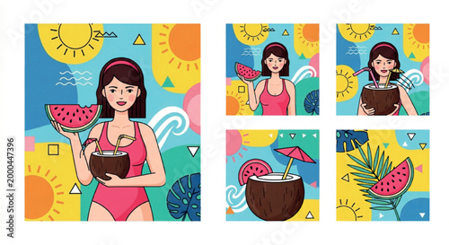 Summer vacation vector illustration set, woman in swimsuit with watermelon and coconut cocktail, tropical beach holiday graphics with sun and palm leaves isolated PNG with Transparent Background