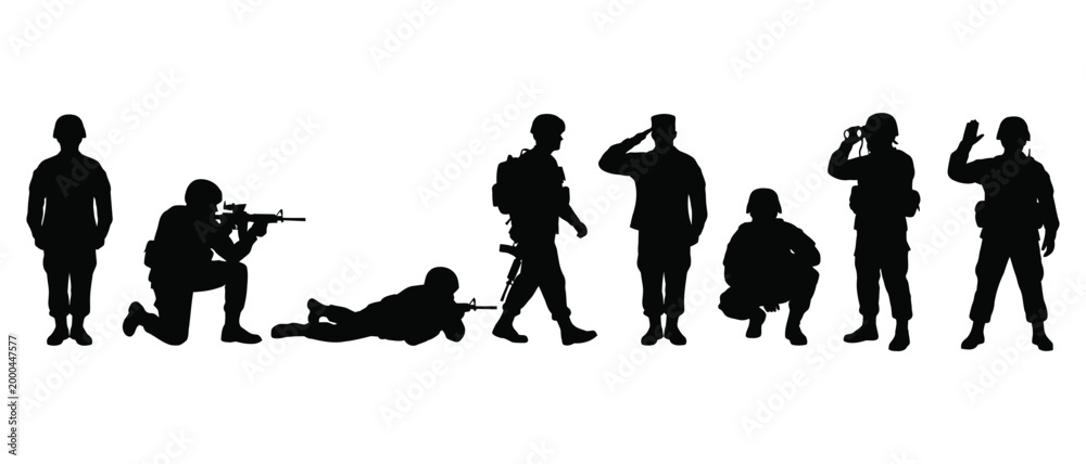 Obraz premium Multiple soldier silhouettes in action, lying prone with rifles, kneeling, and standing alert.