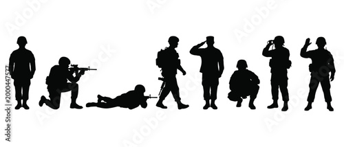Multiple soldier silhouettes in action, lying prone with rifles, kneeling, and standing alert.
