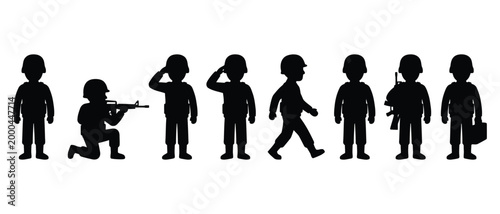 Silhouette of soldiers in different stances, such as standing, kneeling, and walking with gear.