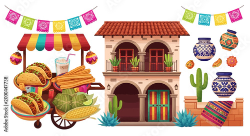 Celebrating Cinco de Mayo, an illustration showcases a festive food cart brimming with tacos and churros next to a traditional Mexican building, adorned with colorful papel picado banners