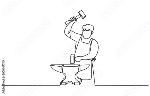 Blacksmith hammering metal on anvil continuous line art blacksmith illustration industry smithing metalworking craftsman traditional manufacturing equipment construction occupation