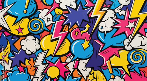 Comic book style background with colorful speech bubbles and lightning bolts