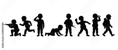 Collection of soldier silhouettes engaged in various military activities, from aiming to tactical movement.