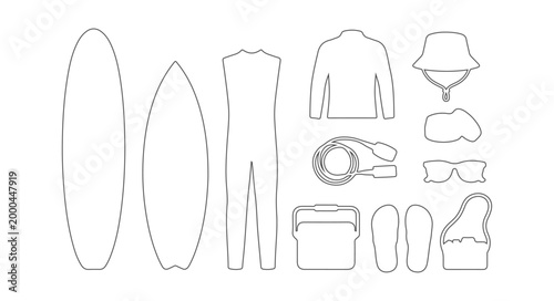 Surfing Equipment Outline Vector Set with Surfboards Wetsuit Camera Sunglasses Cooler Flip Flops and Beach Accessories in Line Art Style