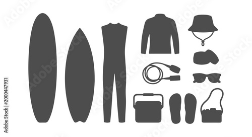 Surfing Equipment Silhouette Vector Collection with Surfboards Wetsuit Camera Sunglasses Flip Flops Cooler and Beach Travel Accessories