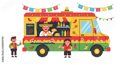 A festive Cinco de Mayo food truck illustration with a smiling vendor serving customers, adorned with colorful decorations and a prominent menu, presented in a cheerful and vibrant cartoon