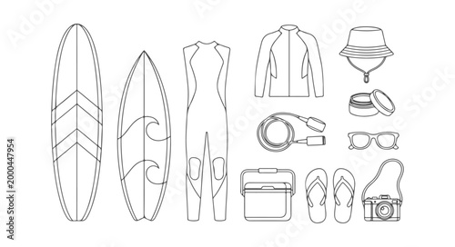 Top View Surfing Equipment White Fill Vector Set Featuring Surfboards Wetsuit Beach Accessories Camera Sunglasses Flip Flops and Summer Travel Gear Collection