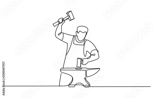 Blacksmith hammering metal on anvil continuous line art blacksmith illustration industry smithing metalworking craftsman traditional manufacturing equipment construction occupation