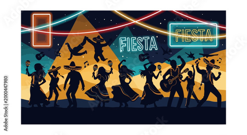 Silhouetted revelers celebrate Cinco de Mayo with music and dancing against a backdrop of vibrant neon lights and geometric shapes, rendered in a festive, stylized illustration